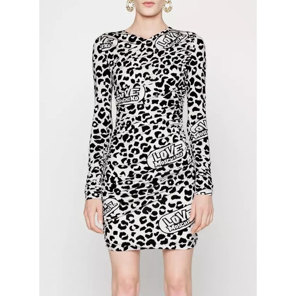 Love Moschino Chic Viscose-Blend Leopard Print Black and White Mini Dress